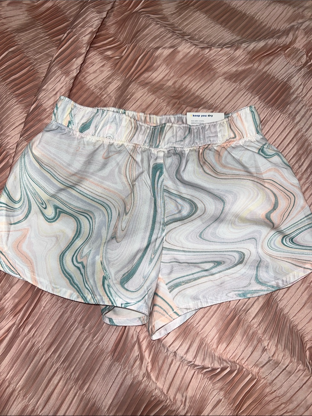 Marble-Print Satin Sleep Shorts in Pastel Green & Peach